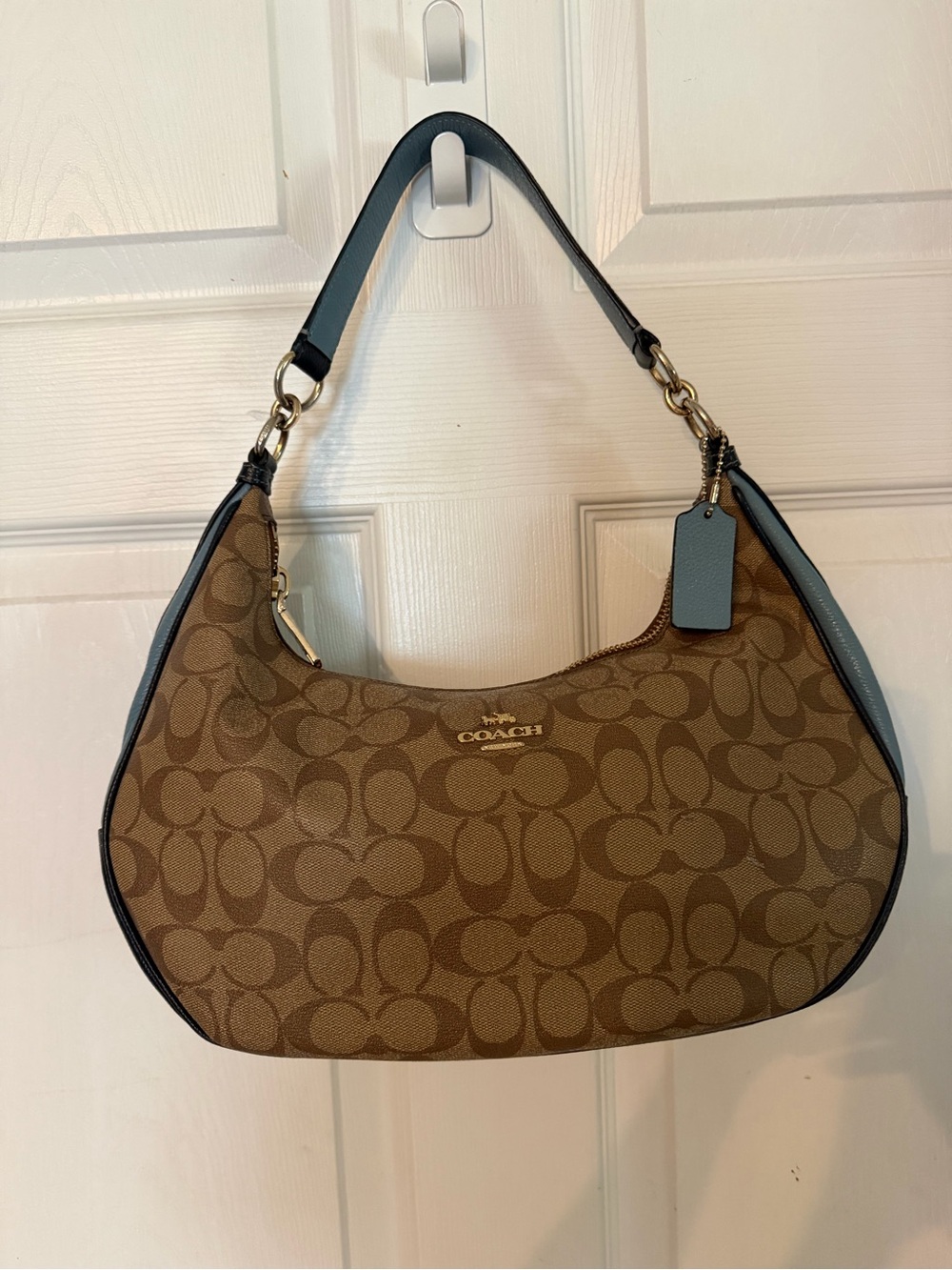 Coach Brown Signature Canvas Hobo with Blue Trim